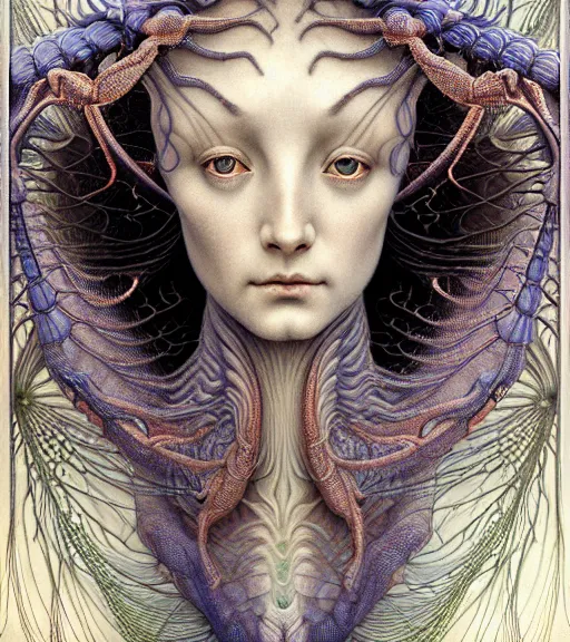 Image similar to detailed realistic beautiful mantis goddess face portrait by jean delville, gustave dore, iris van herpen and marco mazzoni, art forms of nature by ernst haeckel, art nouveau, symbolist, visionary, gothic, neo - gothic, pre - raphaelite, fractal lace, intricate alien botanicals, ai biodiversity, surreality, hyperdetailed ultrasharp octane render