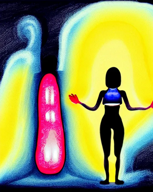 Image similar to bemused to be momentarily sacrificed by a flesh-eating blob creature, hands restrained above her head, a young woman with medium length bright blonde hair and slender figure in a black silk tank top and navy blue gym shorts in complete focus, looking upwards in a room of lava lamps, complex artistic color ink pen sketch illustration, professional composition, subtle detailing, gentle shadowing, fully immersive reflections in her eyes, concept art by Artgerm and Range Murata in collaboration.