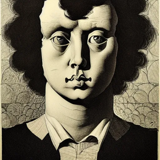 Image similar to lithography on paper conceptual figurative post - morden monumental portrait by goya and escher and hogarth, illusion surreal art, highly conceptual figurative art, intricate detailed illustration, controversial poster art, polish poster art, geometrical drawings, no blur