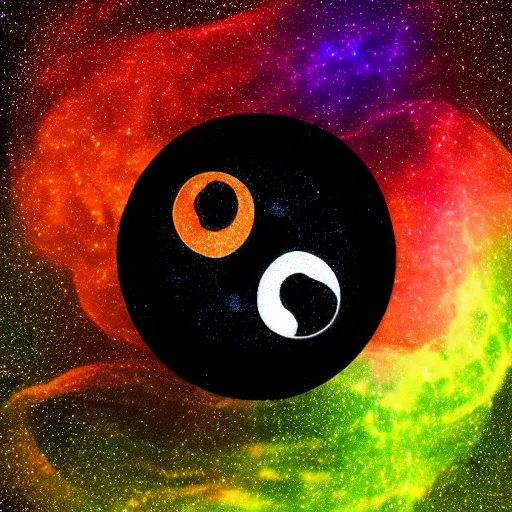 Prompt: digital holographic pixelated ying - yang symbol of taoism on a nebula background, lasers, light streaks