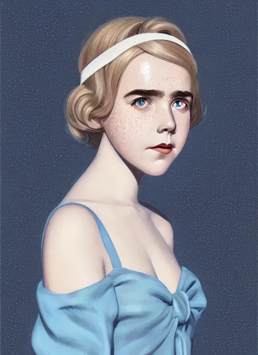 Image similar to portrait of kiernan shipka with freckles, white hair, 1 9 6 0 s bob hairstyle with bangs and hairband, blue 1 9 6 0 s dress, intricate, elegant, glowing lights, highly detailed, digital painting, artstation, concept art, smooth, sharp focus, illustration, art by wlop, mars ravelo and greg rutkowski