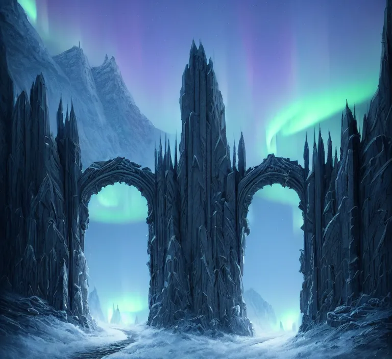 Image similar to a very detailed concept art of intricate and well designed white gates to misty mountains, infused with aurora borealis by greg rutkowski, dynamic lighting trending on artstation, symmetry, digital art, 4 k, hyper realistic, octane render, sharp focus