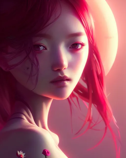 Image similar to perfect android girl, rose hair, cyborg, flowers, cinematic lighting, garden, beautiful girl, kim hyun joo, advanced technology, futuristic, art by ilya kuvshinov and akiko takase and eugene gottsnake and stanislav istratov and su fu and antoine collignon