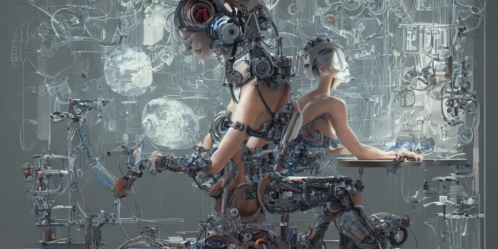 Prompt: hyperrealistic photography of a gorgeous cyborg scientist constructing a poetry machine in the style of Jin Kagetsu, James Jean and wlop, highly detailed, masterpiece, award-winning, sharp focus, intricate concept art, ambient lighting, 8k, artstation