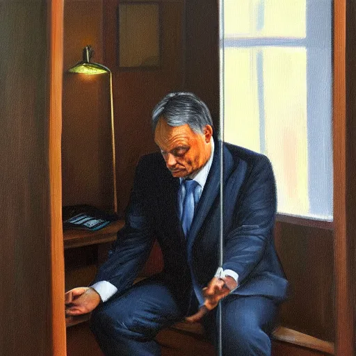 Image similar to viktor orban meditating in a cubicle, oil painting