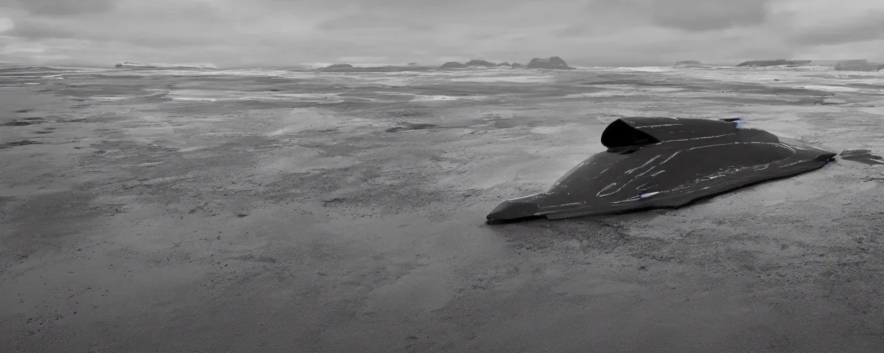 Image similar to cinematic shot of giant symmetrical futuristic military spacecraft in the middle of an endless black sand beach in iceland with icebergs in the distance,, 2 8 mm