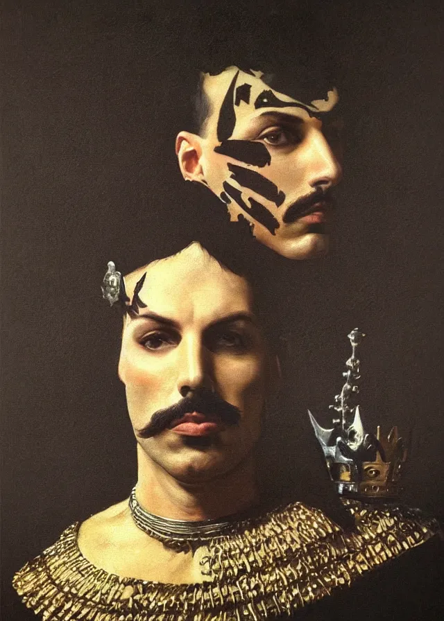 Prompt: a portrait of Freddie Mercury with very dark background, with an armor and a crown, Rembrandt lighting scheme ,light dark, dark background , epic, very detailed, painted by Caravaggio, Rembrandt.