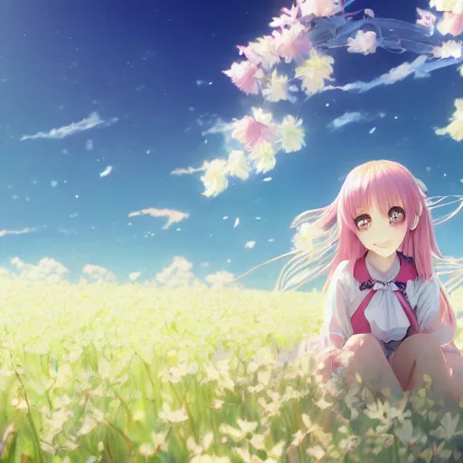 Prompt: portrait of the girl relaxing at the floss flower field, anime fantasy illustration by tomoyuki yamasaki, kyoto studio, madhouse, ufotable, square enix, cinematic lighting, trending on artstation