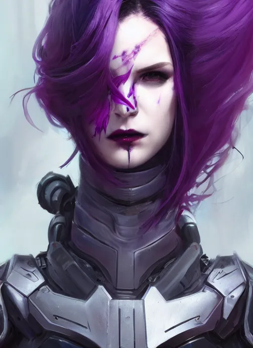 Prompt: painting, vampire, sci - fi armor, purple flowing hair, beautiful, stoic face, gorgeous, face visible, scars, eyeliner, cinematic lighting, eva suit, wallpaper, extremely detailed, sharp focus, by greg rutkowski and [ [ [ wlop ] ] ], intricate, beautiful, award winning, trending on artstation, pixiv