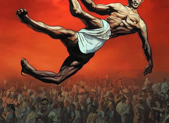 Prompt: Ghandi doing a perfect high kick. Epic painting by James Gurney and (Laurie Greasley). Beautiful lighting.