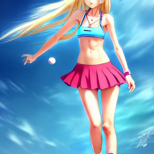 Image similar to a very beautiful young anime tennis girl, long blond hair, sky blue eyes, full round face, short smile, bikini, miniskirt, highly detailed, cinematic wallpaper by stanley artgerm lau