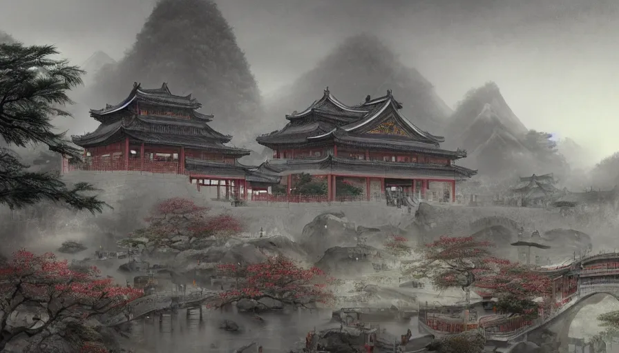 Image similar to magnificent city in ancient china in late spring, flowers will fade, some fog, realistic style, high details, scene concept., trending on artstation