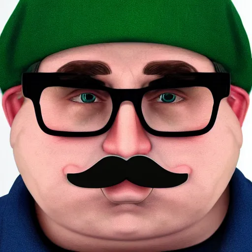 Prompt: Eric cartman in real life, , with navigator shaped glasses, a goatee and mustache, and wearing a green flannel shirt, portrait, realistic, hyperrealistic, 4k resolution, 8k resolution, HD Quality, highly detailed, very detailed, detailed, studio quality lighting, dramatic lighting, real life