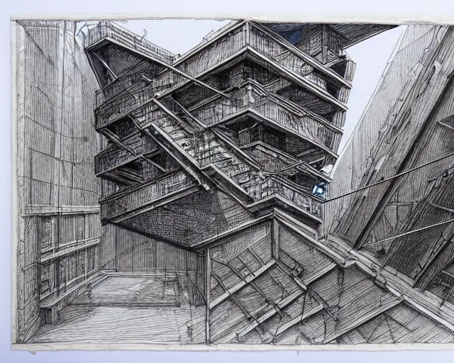 Prompt: red blue and green ballpoint pen on plywood. Piranesi imagination.