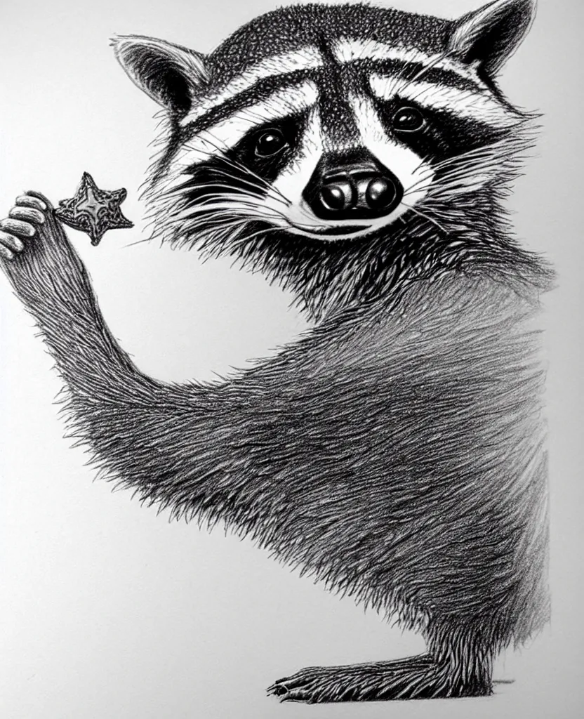 Image similar to detailed pencil sketch of a raccoon holding up and looking at a starfish, chris van allsburg