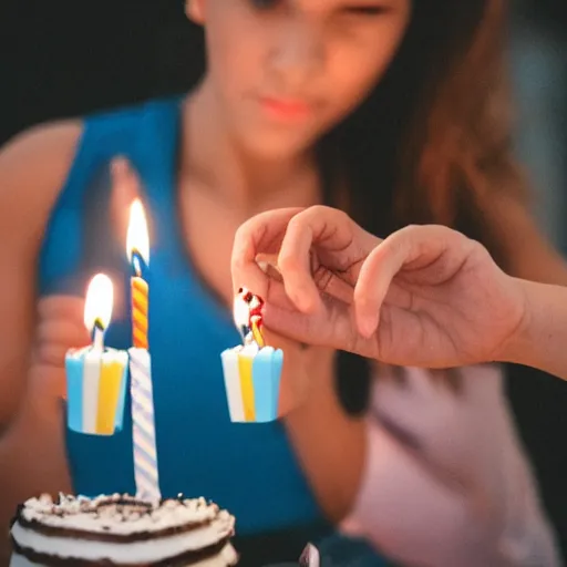 Prompt: a iPhone photo of a young woman blowing out the candles on her birthday cake