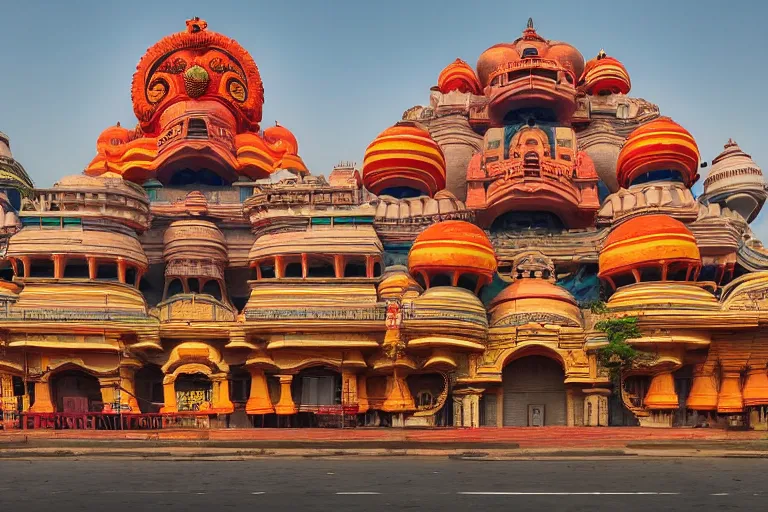 Image similar to high quality dreamscape! biomorphic new delhi, hanuman!! head building, kalighat, octane highly detailed, cinematic smooth, stephen shore & john j. park, soft morning light, wide shot, high angle, uhd 8 k, deep focus