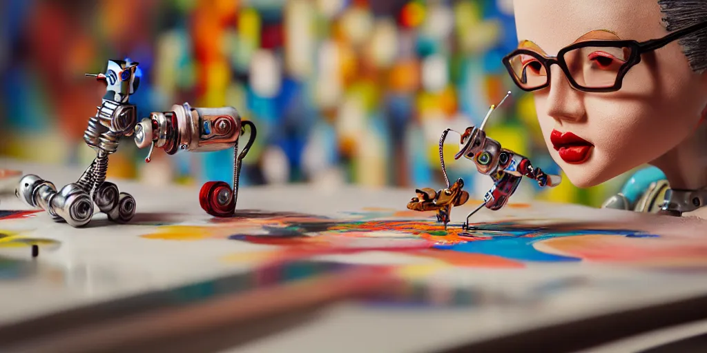 Image similar to closeup portrait of tin toy retro robot painter mixing gouache on white paper table in an artist workshop, depth of field, zeiss lens, detailed, centered, fashion photoshoot, by nicoletta ceccoli, mark ryden, lostfish, breathtaking, 8 k resolution, extremely detailed, beautiful, establishing shot, artistic, hyperrealistic, octane render