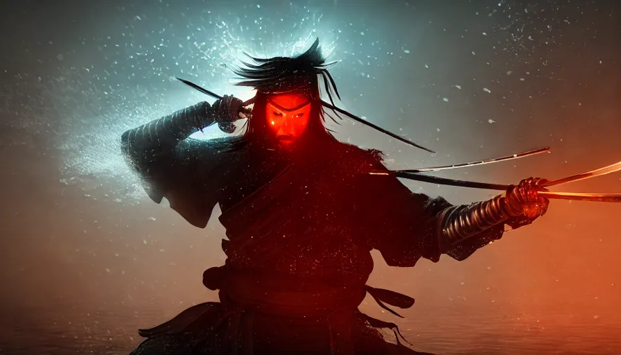 Image similar to Digital Art of A Samurai! Ninja! in Action, fighting and swords colliding, standing in a glowing lake while it rains, Concept Art, highly detailed, Artstation, 8k, Raytracing, Unreal Engine 5