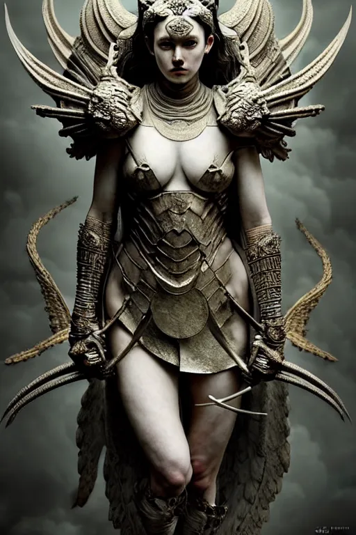 Prompt: goddess of war, half dragon, intricate armor, young, beautiful, woman, full - body, realistic portrait, ethereal, soft clean focus, art by emil melmoth, gustave dore, craig mullins, yoji shinkawa, art germ, pete morbacher, david lynch, hyper detailed, high detail, artstation, hyperrealistic, unreal engine 5, ravens