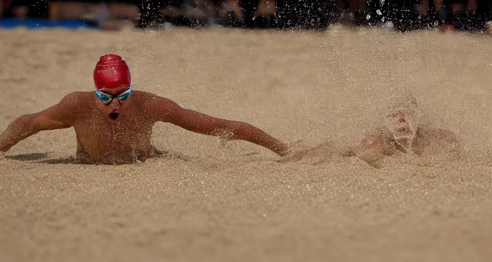 Image similar to olympic swimming in sand instead of water, extremely coherent, motion blur