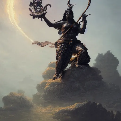 Prompt: Turtle Warrior Statue seeing the light of god with Kali blocking the view, hyperdetailed, artstation, cgsociety, by greg rutkowski, by Gustave Dore