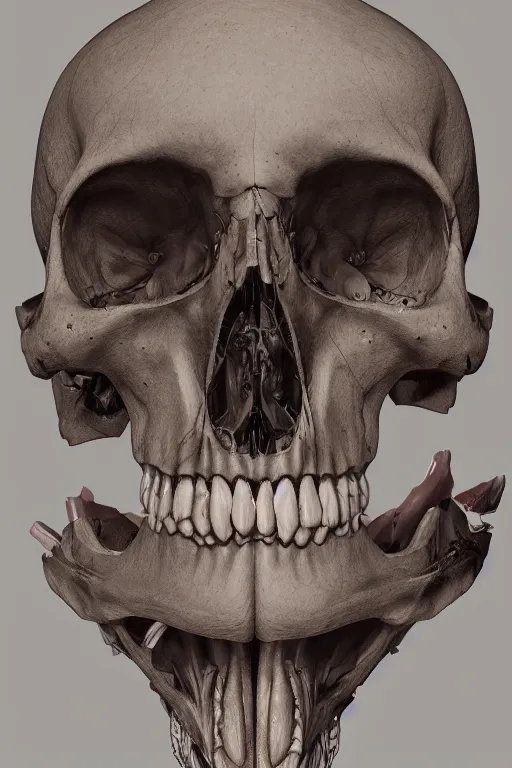 Image similar to detailed anatomical illustration of a fragmented skull, concept art, cgsociety, octane render, trending on artstation, artstationHD, artstationHQ, unreal engine, 4k, 8k