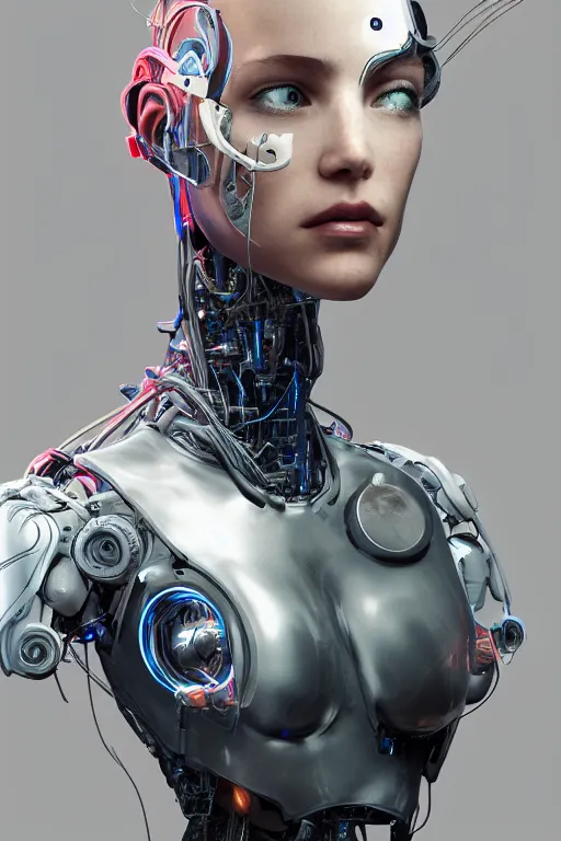 Image similar to A cyborg girl with a beautiful face, wires and mechanisms are visible from under the skin, in some places the mechanisms stick out from the body, full-length view, artstation featured