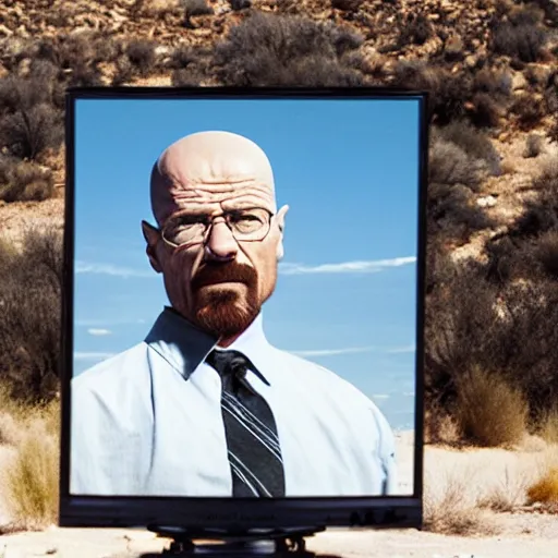 Image similar to walter white looking at a tv screen in the desert