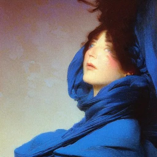 Image similar to a young woman's face, her hair is white and she wears a cobalt blue satin cloak, by ivan aivazovsky and syd mead and moebius and gaston bussiere and roger dean and pieter claesz and paul delaroche and alma tadema and aelbert cuyp and john berkey, hyperrealistic, volumetric light, octane render