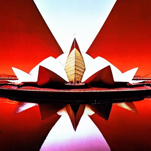 Image similar to futuristic pyramid lotus temple space station with gold, red and white marble panels, by buckminster fuller and syd mead, intricate contemporary architecture, photo journalism, photography, cinematic, national geographic photoshoot