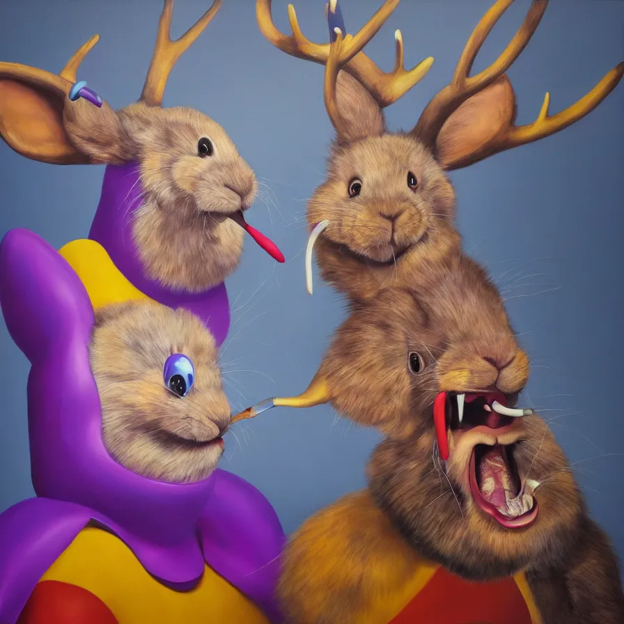 Prompt: rare hyper realistic portrait painting by raden wijaya, studio lighting, brightly lit purple room, a blue rubber ducky with antlers laughing at a giant laughing rabbit with a clown mask