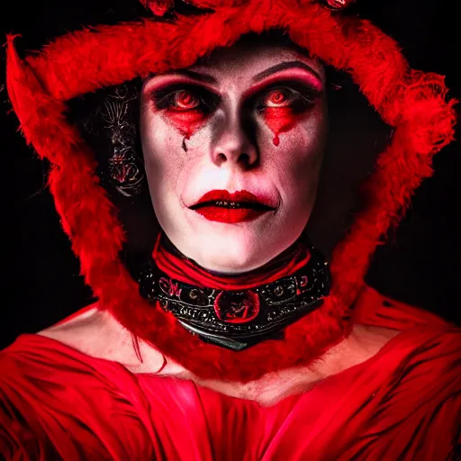 Image similar to stunning beautiful portrait photography of a face detailing demonic Countess wearing red and black dress from national geographic magazine award winning, dramatic lighting, taken with Sony alpha 9, sigma art lens, medium-shot