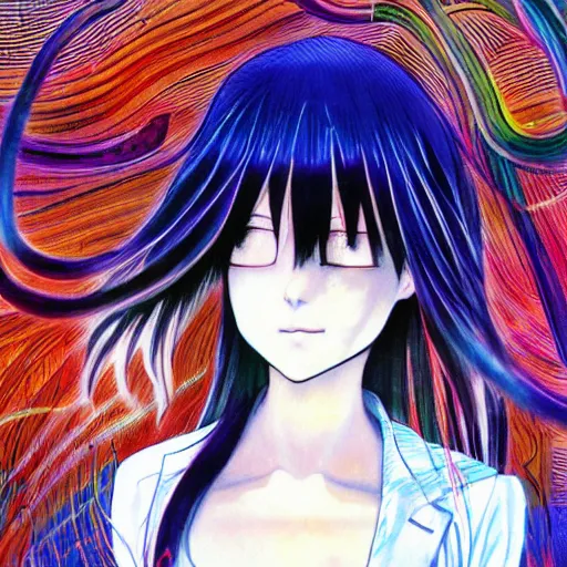 Image similar to yoshitaka amano realistic illustration of an anime girl with black eyes and long wavy white hair wearing dress suit with tie and surrounded by abstract junji ito style patterns in the background, blurry and dreamy illustration, 1 9 9 0 s anime color palette, noisy film grain effect, highly detailed, oil painting with expressive brush strokes, weird portrait angle