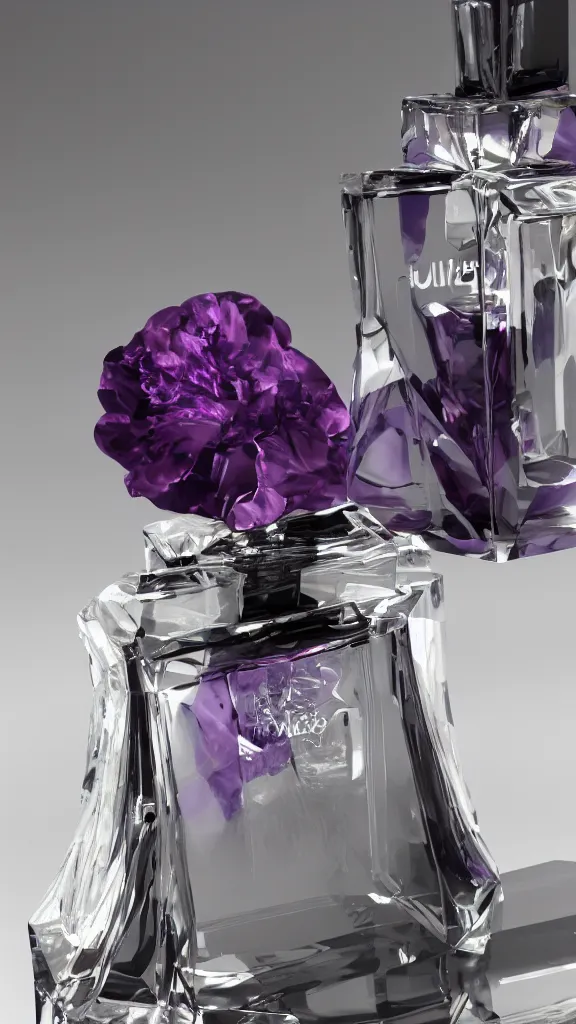 Prompt: close up shot of premium purple coloured perfume bottle, ultra detail, designer product, cinematic lighting, hd artstation, symmetrical, rendered, 4k