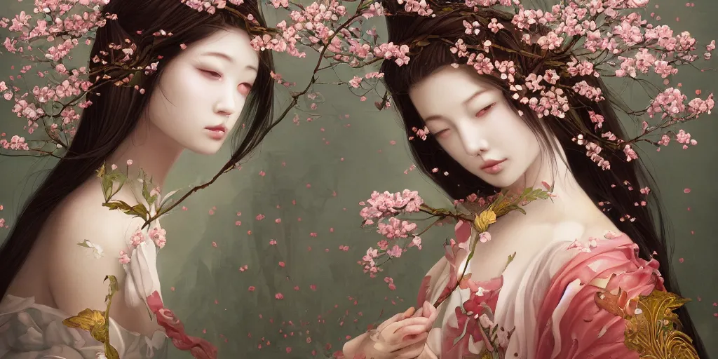 Prompt: breathtaking detailed concept art painting of the goddess of cherry blossom, orthodox saint, with anxious, piercing eyes, ornate background, amalgamation of leaves and flowers, by Hsiao-Ron Cheng, James jean, Miho Hirano, Hayao Miyazaki, extremely moody lighting, 8K