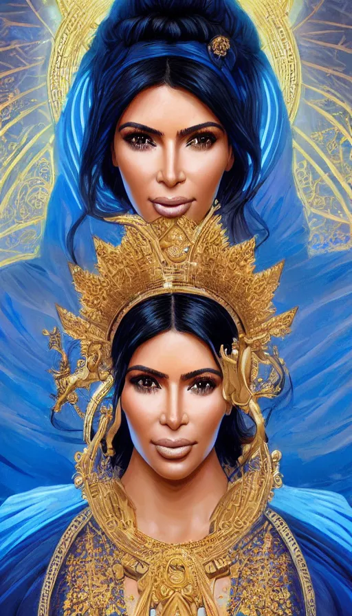 Prompt: kim kardashian as a goddess, passionate, sweaty, intricate dressed in ornate blue robes and garter, lovely, intricate, highly detailed, digital painting, artstation, symmetrical, concept art, smooth, sharp focus, illustration, unreal engine 5, 8 k, art by artgerm and greg rutkowski and alphonse mucha