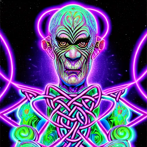 Prompt: a detailed digital art of a celtic knot oni abe vigoda extraterrestrial wearing a raver outfit by lisa frank and cicely mary barker, taiyo matsumoto, myst, beeple, cgsociety, crisp, low angle shot