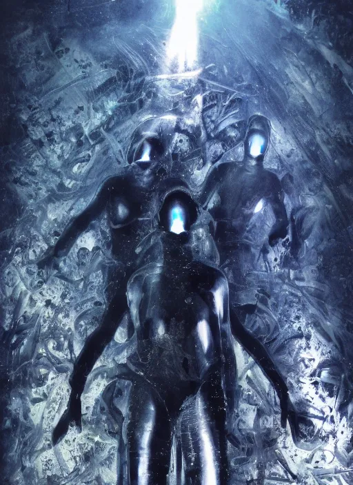 Image similar to astronauts in dark and empty void underwater - complex and hyperdetailed technical suit. reflection and dispersion materials. rays and dispersion of light. volumetric light. 5 0 mm, f / 3 2. noise film photo. flash photography. ultra realistic, wide angle. poster by wayne barlowe, hajime sorayama aaron horkey, craig mullins