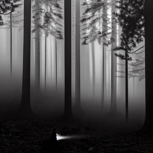 Image similar to hundreds of shadow people hidden in forest, staring with glowing white eyes, hyperrealistic, 8k, extremely detailed, black and white, foggy, grainy, very old