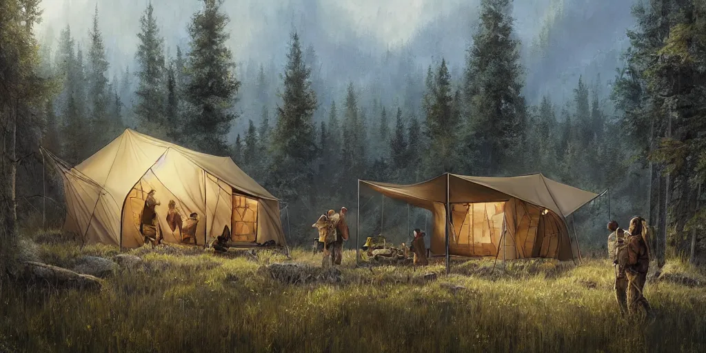 Image similar to cabela's tent fabric shelled pop up family dwelling unit, cabin, modular, person in foreground, mountainous forested wilderness open fields, beautiful views, painterly concept art, joanna gaines, environmental concept art, farmhouse, magnolia, concept art illustration by ross tran, james gurney, by craig mullins, by greg rutkowski