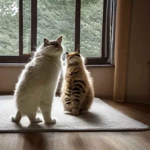 Prompt: many fluffy cats standing up on their hind legs, looking curiously into the air. Modern room, sun rays, well lit house