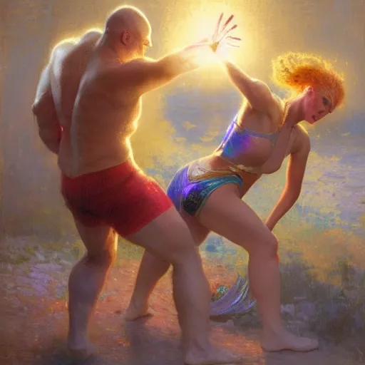 Image similar to bald wrestler breaking blonde wrestler's back, radiant light, caustics, heroic, bright iridescent light, by gaston bussiere, bayard wu, greg rutkowski, maxim verehin, epic wrestling combat, legendary