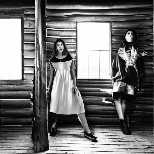 Image similar to medium format photograph of a surreal fashion shoot in a log cabin, camera flash