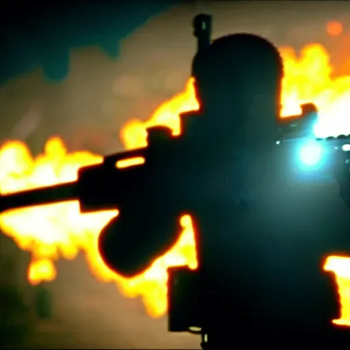 Image similar to high detail movie still of ultra realistic spongebob squarepants shooting an ak - 4 7 machine gun with muzzle flash, cinematic framing rule of thirds, cinematic light, hard shadows, in the style of the movie lone survivor,