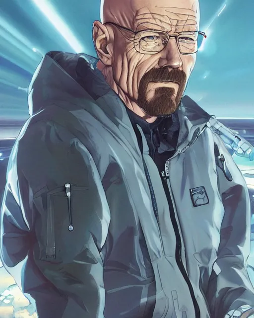 Prompt: walter white cybernetic enhancements, art by makoto shinkai and alan bean, yukito kishiro