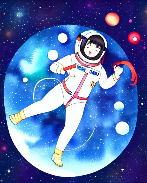 Image similar to oriental water color of a cute thicc female astronaut, floating through space, backlit, realistic anime