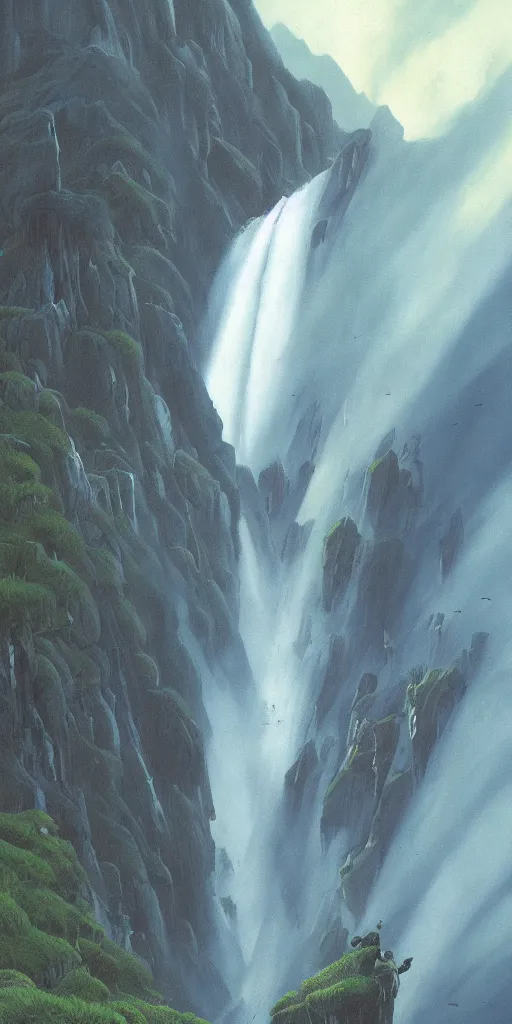 Prompt: an impressive waterfall on the side of a huge mountain, moody, mist, highly detailed, by vincent di fate nausicaa and ghibli