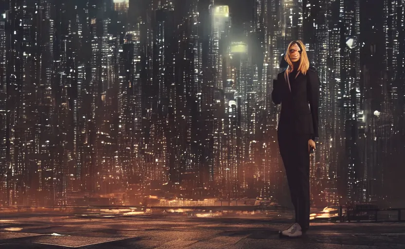 Prompt: a wide shot of a woman with a wool suit, wearing an omega speedmaster on her wrist in a dystopian city at night with cyberpunk lights