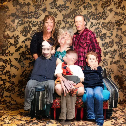 Prompt: family portrait studio of ugly family big rond eyes bad rotten teeth and smile, horrible scary family laughter by Douggy Pledger, grainy image